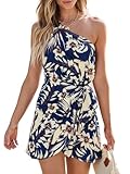 CUPSHE Women's Beach Dress One Shoulder Tropical Sleeveless Self Tie Mini Summer Dress Navy Floral, L