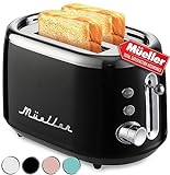 Mueller Retro Toaster 2 Slice with 7 Browning Levels and 3 Functions: Reheat, Defrost & Cancel, Stainless Steel Features, Removable Crumb Tray, Under Base Cord Storage, Black