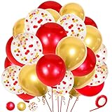 Red Gold Balloons 50 Pack, 12 inch Royal Red Latex Balloon, Metallic Gold balloons, Red Gold Mix Confetti Balloon with 1 Ribbon for Birthday Wedding Baby Shower Party Decorations.