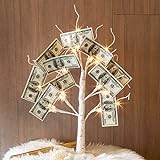 EAMBRITE Money Tree Gift Holder, Lighted Birch Tree 2FT 24LED, Battery/USB Powered Timer Light Up Display Twig Gift Card Tree with 6 Clear Clips and 6 Cards for Home Christmas Graduation Photo Memo