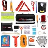 STDY Car Roadside Emergency Kit, Auto Vehicle Truck Safety Emergency Road Side Assistance Kits with Jumper Cables, Portable Air Compressor, First Aid Kit, Tow Rope, Reflective Triangle, etc