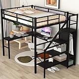 Full Size Loft Bed with Desk, Storage Stairs and Wardrobe, Full Loft Bed with Charging Station(USB Port, Outlets) and RGB LED Light, Metal Loft Bed for Adults, Teens, Kids(Full Black)