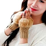 Simsly Womens Winter Faux Fur Gloves Knit Wrist Warmer Fingerless Mittens Thumb Hole Gloves for Winter (Camel)