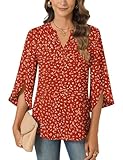 Anyally Women's Chiffon Blouses 3/4 Sleeve Summer Dressy Tunic Tops Casual Loose V Neck T-Shirts,XL,Polka Dots Red