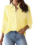 AISEW Womens Button Down Shirts Striped Classic Long Sleeve Collared Office Work Blouses Tops with Pocket (Yellow, 7002L)