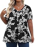 Women 2024 Plus Size Tops Tunic V Neck Shirts Summer Short Sleeve Casual Floral Loose Fit Blouse Black Rose 3X