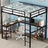 Full Size Loft Bed with Desk and Storage Shelves, Heavy Duty Metal Loft Bed with L-Shaped Desk and Ladder, Full Size Loft Bed for Kids, Teens, Black Loft Bed Full Size