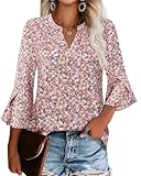 Gaharu Pink Blouses for Women Juniors Young Women Elegant V-Neck Chiffon Blouse Loose Fit Bell Sleeve Tunic Top Dressy Holiday Shirt Christmas Tops Floral Pink Blue,L
