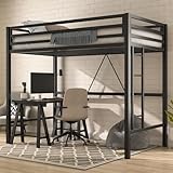 MUTICOR Loft Bed Frame for Juniors&Adults, Metal Loft Bed Twin Size with Safety Guardrail&Removable Ladder, Space-Saving, Noise Free, Matte Black