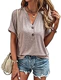 EADINVE Womens Tshirts V Neck Short Sleeve Buttons Tops Tee Solid Color Blouse Loose Fit Apricot