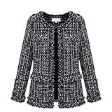 chouyatou Women's Fall Business Casual Tweed Blazer Jacket Collarless Open Front Dressy Tweed Jacket (Large, Black)