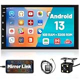 Hikity Android 13 Double Din Car Stereo 7 Inch Touch Screen Car Radio GPS Navigation WiFi Bluetooth FM Radio Mirror Link for iOS/Android Phones, with 12 Led Lights AHD Rear View Camera Mic