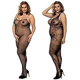 LOVELYBOBO 2 Pack Womens Plus Size Fishnet Bodystockings Striped Lingerie Crotchless Bodysuits Tights Suspenders Black