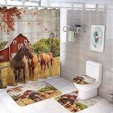 Rustic Farmhouse Horse 4 Pcs Waterproof Shower Curtain Set,Retro Wooden Barn Western Farm Animals Horses Windmills with Waterproof Toilet Cover Shower Mat Rugs