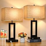 Set of 2 Touch Control Table Lamp with 2 USB Ports, 3-Way Dimmable Modern Nightstand Lamp Sets Bedside Touch Desk Lamp with Fabric Cream Shade For Bedroom Table Living Room Reading, Included Bulbs