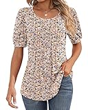 Ficerd Women's Puff Short Sleeve Tunic Tops Pleated Crew Neck Summer Blouses Dressy Casual Loose T Shirts(Pink Flower, Medium)