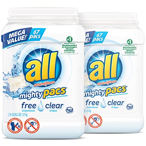 All Mighty Pacs Laundry Detergent, Free Clear For Sensitive Skin, 67 Count, 2 Tubs, 134 Total Loads