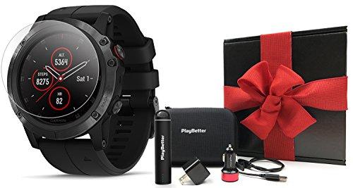 Garmin Fenix 5x Plus+ Sapphire Gift Box Bundle | With Screen Protectors, Playbetter Portable Charger, Usb Adapters & Case | Multisport Gps Watch, Maps/climbpro, Garmin Pay, Music | Gift Box (black)