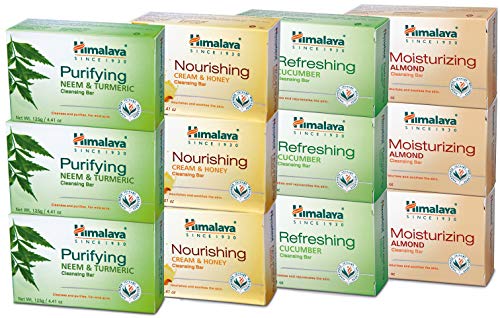 Himalaya Cleansing Bar Soaps Variety Pack, Neem & Turmeric, Almond, Cream & Honey And Cucumber, 4.41oz/125g (12 Pack)