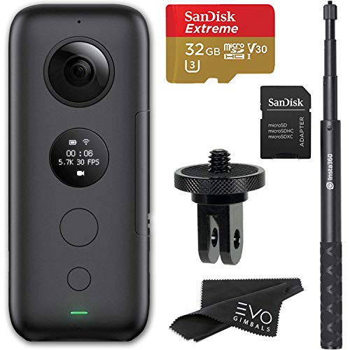 Insta360 One X 360 Camera With 5.7k 4k 3k Video And 18mp Photos Bundle Includes Invisible Selfie Stick, 32gb Sandisk Extreme Memory Card And Mount Adapter For GoPro Ecosystem (4 Items)