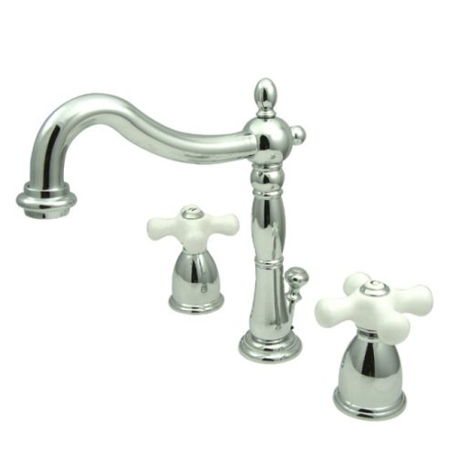 Kingston Brass Kb1971px Heritage Widespread Lavatory Faucet With Porcelain Cross Handle, Polished Chrome