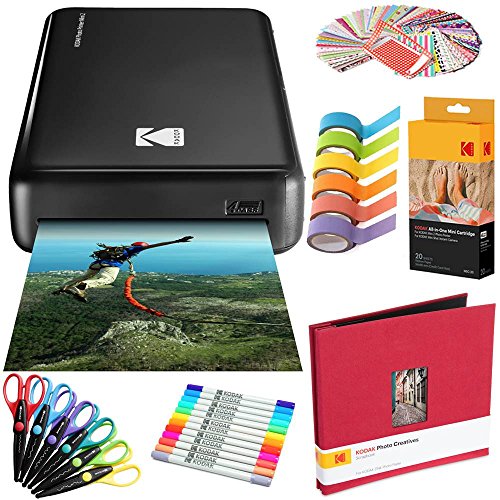 Kodak Mini2 Instant Photo Printer (black) Art Bundle + Paper (20 Sheets) + 8x8 Cloth Scrapbook + 12 Twin Tip Markers + 100 Border Stickers + 6 Decorative Scissors + Washi Tape