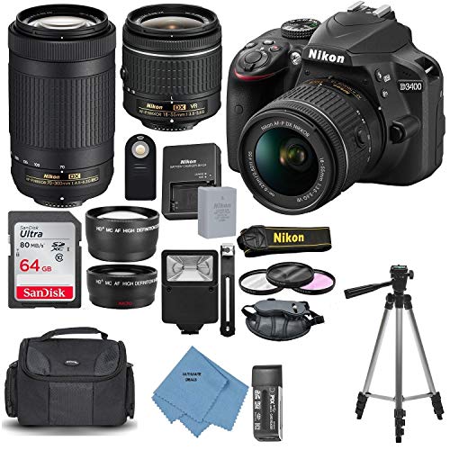 Nikon D3400 With Af P Dx Nikkor 18 55mm F/3.5 5.6g Vr + Nikon Af P Dx Nikkor 70 300mm F/4.5 6.3g Ed Lens + 64gb, Deluxe Accessory Bundle And Ultimate Deals Cleaning Accessories