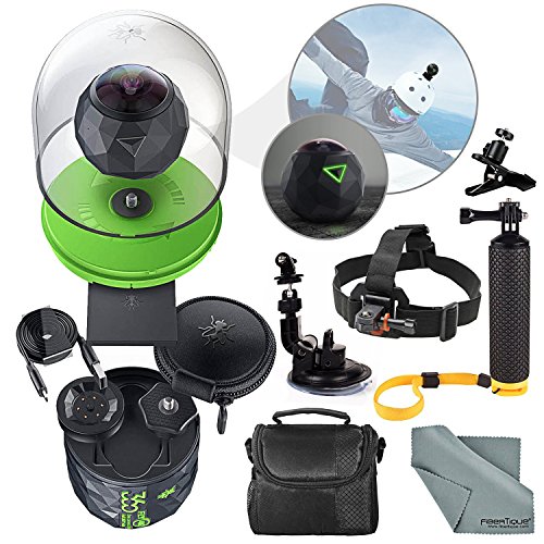 Photosavings 360fly 4k Action Camera And Deluxe Accessory Bundle With Camera Mounts + Floating Hand Grip + Clip Clamp + Case + Fibertique Cleaning Cloth