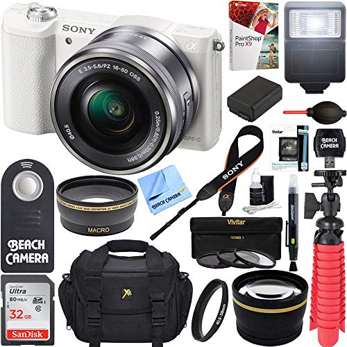 Sony Alpha A5100 Hd 1080p Mirrorless Digital Camera White + 16 50mm Lens Kit + 32gb Accessory Bundle + Dslr Photo Bag + Extra Battery + Wide Angle Lens + 2x Telephoto Lens + Flash + Remote + Tripod