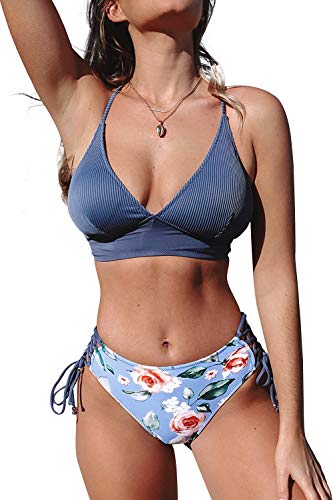 Cupshe Women's Blue Floral V Neck Lace Up Bikini X Large