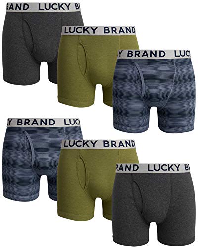 Lucky Brand Men's Cotton Boxer Briefs (6 Pack) (charcoal Heather Grey/folkstone Grey Print/olive Heather, Large)