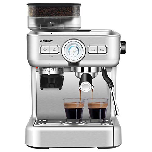 Costway Semi Automatic Espresso Machine, 20 Bar Pump, Built In Milk Frother And Steamer, 10s Preheating, Pid Temperature Control, 2l Removable Water Tank, Drip Tray, Grinder With 30 Settings, Stainless Steel Pressure Coffee Brewer, Countertop Cappuccino Maker For Home, Office