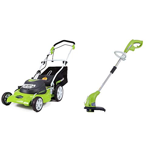 Greenworks 20 Inch 3 In 1 12 Amp Electric Corded Lawn Mower 25022 & 13 Inch 4 Amp Electric Corded String Trimmer 21212