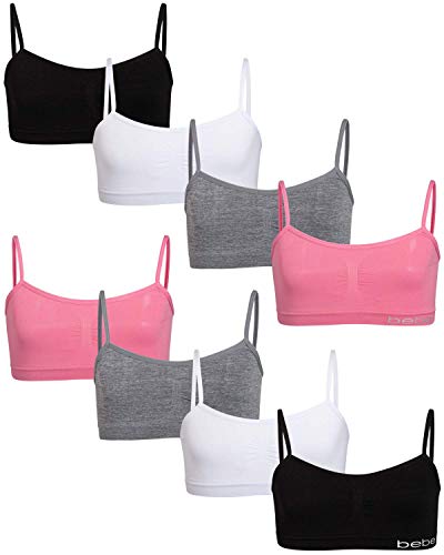 Bebe Girl's Seamless Training Cami Sports Bra (8 Pack), Soft Pink/heather Grey/white/black, Size Large (14 16)'