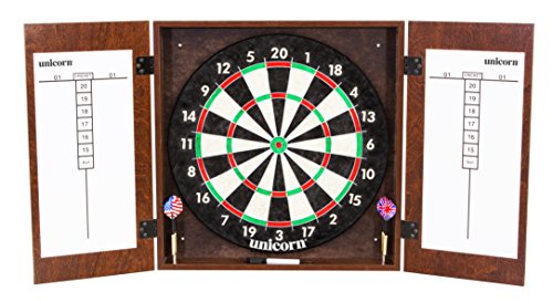 Unicorn Brighton Bristle Dartboard Cabinet Set With Regulation Size Bristle Dartboard, Steel Tip Darts, And Dry Erase Boards