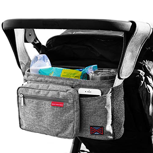 Bag Nation Universal Stroller Organizer Caddy Featuring Cup Holders, Large Main Pocket Compatible With Uppababy, Baby Jogger, Britax, Bugaboo, Bob, Umbrella And Pet Stroller Grey