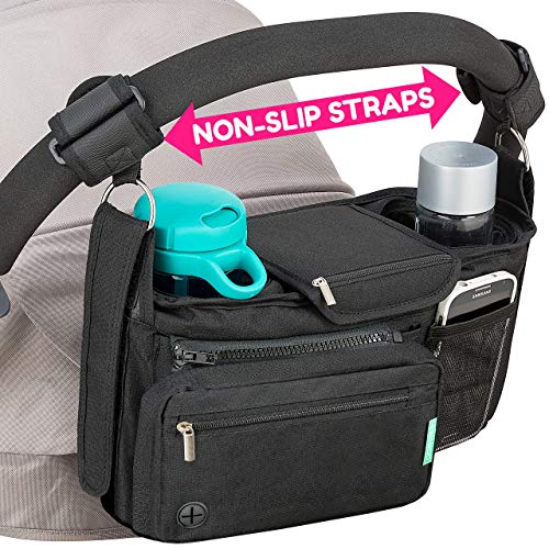 Non Slip Stroller Organizer With Cup Holders, Exclusive Straps Grip Handlebar. Universal Fit For Uppababy Vista Cruz Nuna Baby Jogger Bob Britax Bugaboo Graco Stroller Accessories Caddy Parent Console