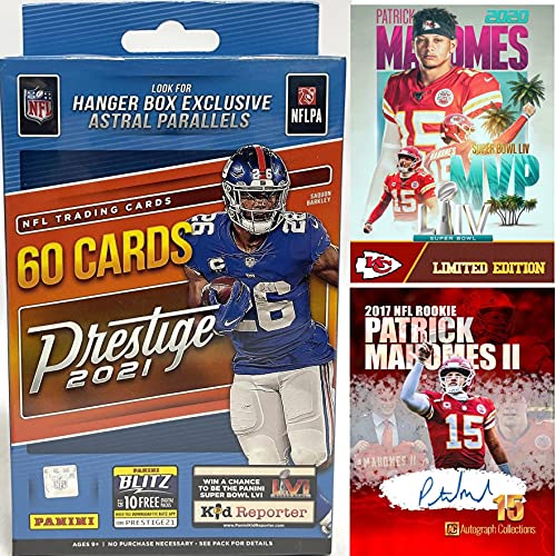 2021 Panini Prestige Factory Sealed Football Card Hanger Box 60 Cards Look For Exclusive Astral Parallels! And Rookie Cards Of Trevor Lawrence, Justin Fields, Mac Jones And More. (plus 2 Custom Mahomes Card Pictured)